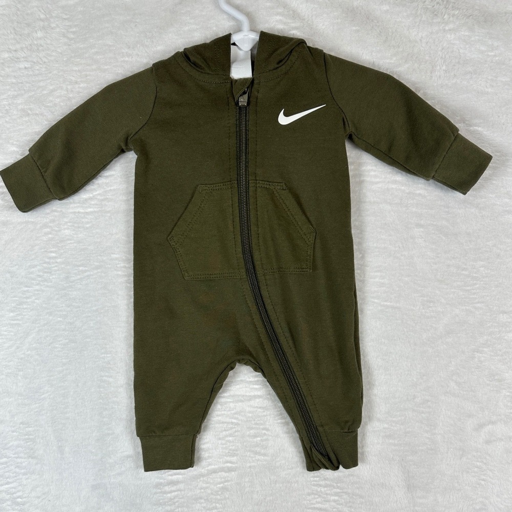 Nike Hooded Coverall Newborn Olive Green Full Zip Fleece Romper